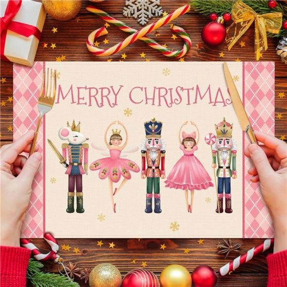 Nutcracker Placemats Christmas Decor Pink Xmas Holiday Table Decorations Set 6 - Picture 2 of 5